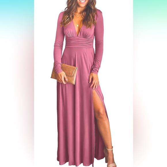 ANRABESS Small Women's Deep VNeck Long Dresses Pleated High Waist Slit MaxiDress - Picture 12 of 12